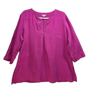 Eileen Fisher All Irish Linen Shirt Popover Tunic Women XL Hot Pink Vneck Sequin
